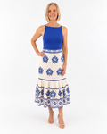Zara White and Blue Embroidered Linen Midi Skirt (XL; Retail $69)