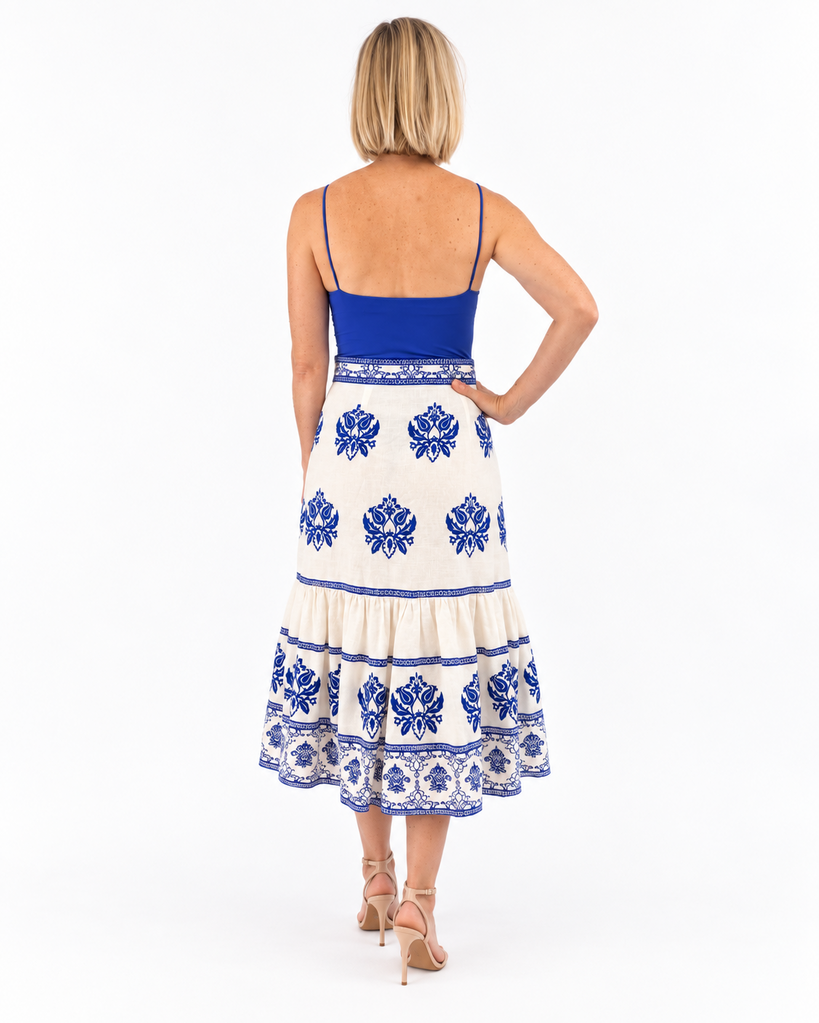 Zara White and Blue Embroidered Linen Midi Skirt (XL)
