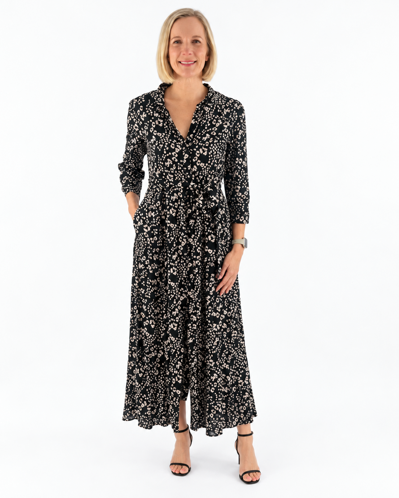 Zara Black and Nude Animal Print Maxi Shirt Dress (XL; Retail $69)