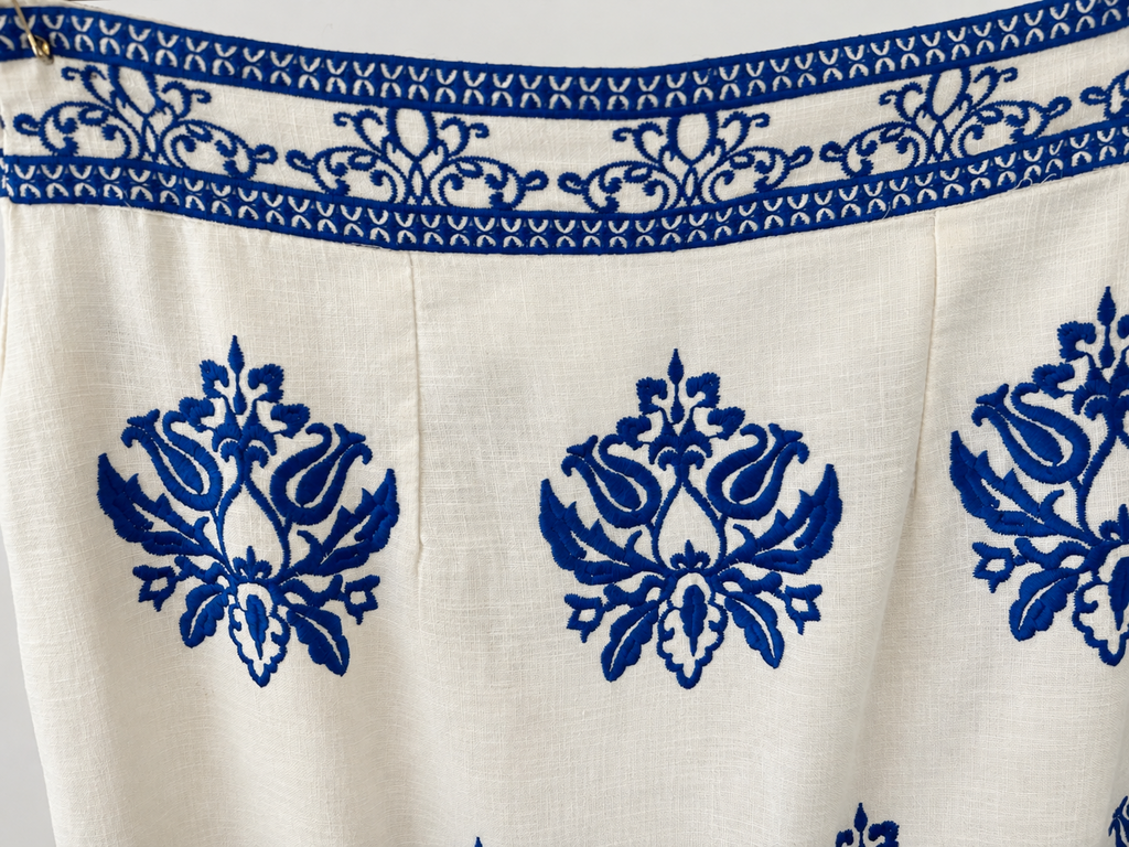 Zara White and Blue Embroidered Linen Midi Skirt (XL; Retail $69)