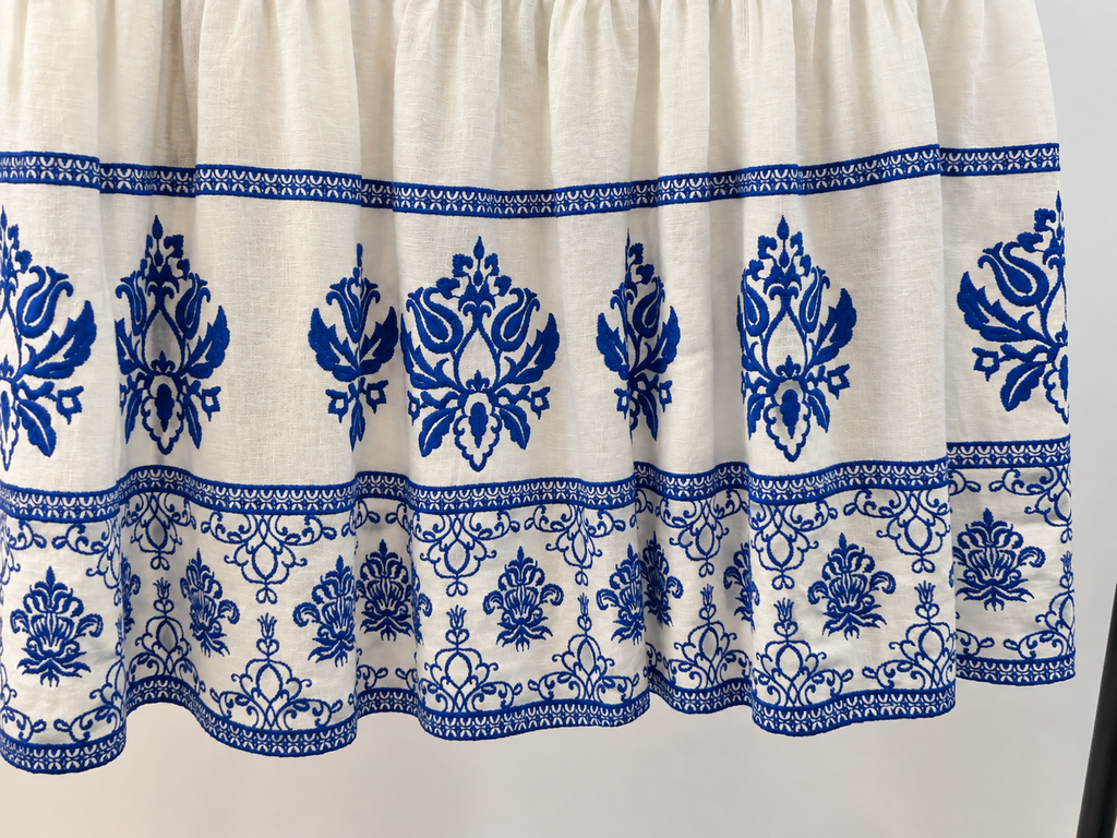 Zara White and Blue Embroidered Linen Midi Skirt (XL)