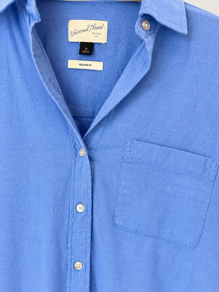 Universal Thread blue button down long sleeve linen top with matching drawstring shorts (Medium; Retail $45)