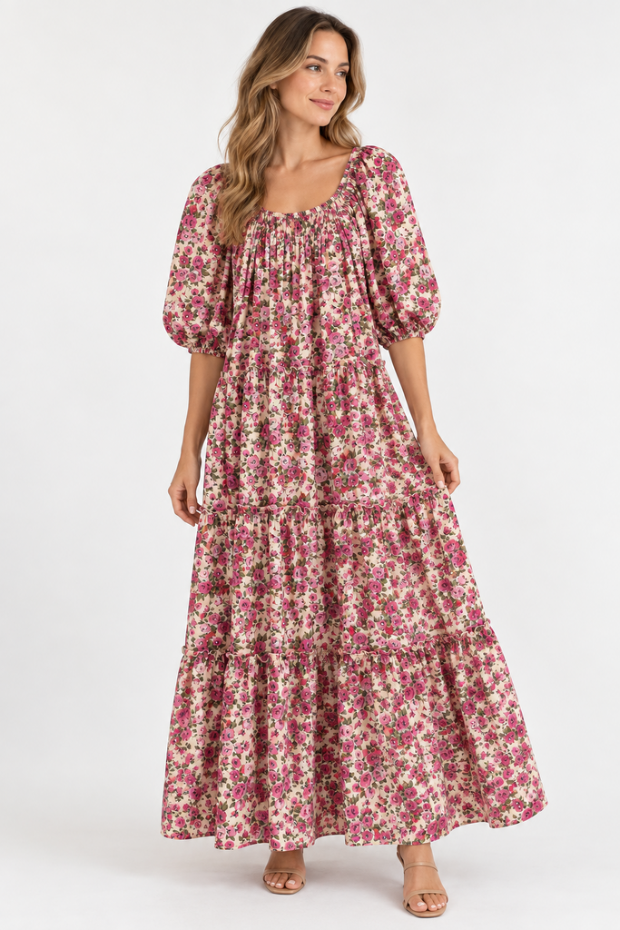 Zoco Floral Maxi Dress with Puff Sleeves (Large; Retail $78)