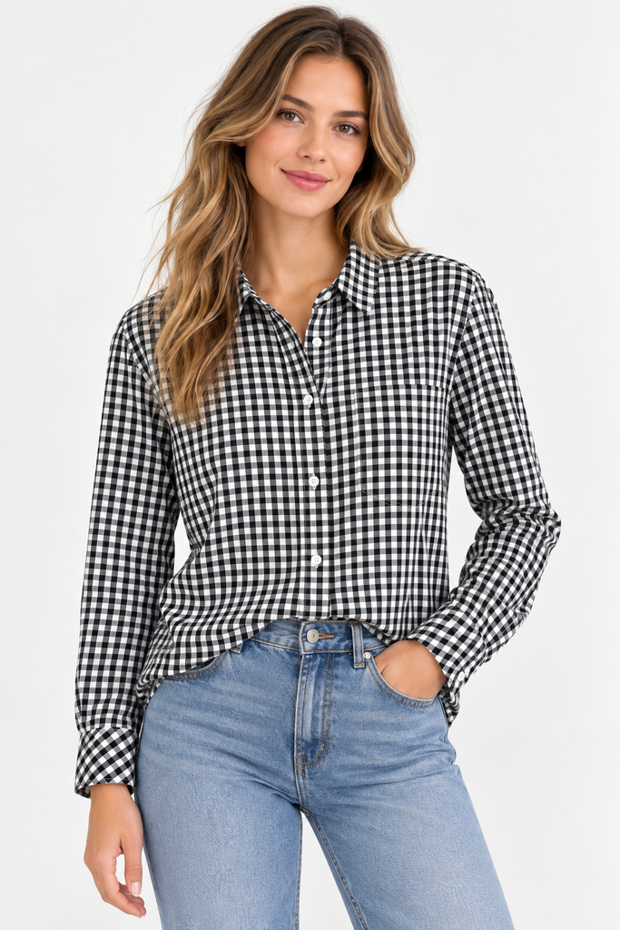 Talbots Navy and White Gingham Button-Up Shirt (XL)
